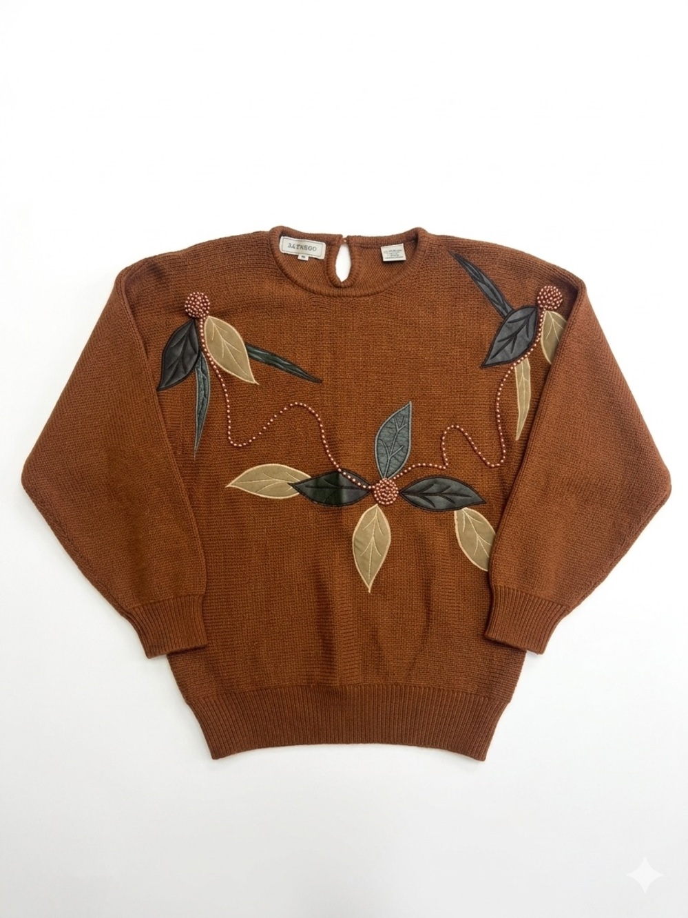 J.J.Fargo Vintage 80s 90s Brown Beaded Leather Applique Knit Sweater Medium